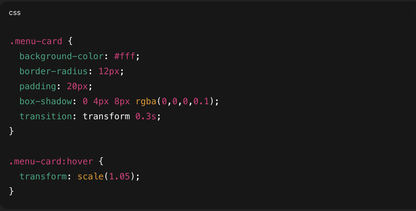 CSS custom menu card styling example